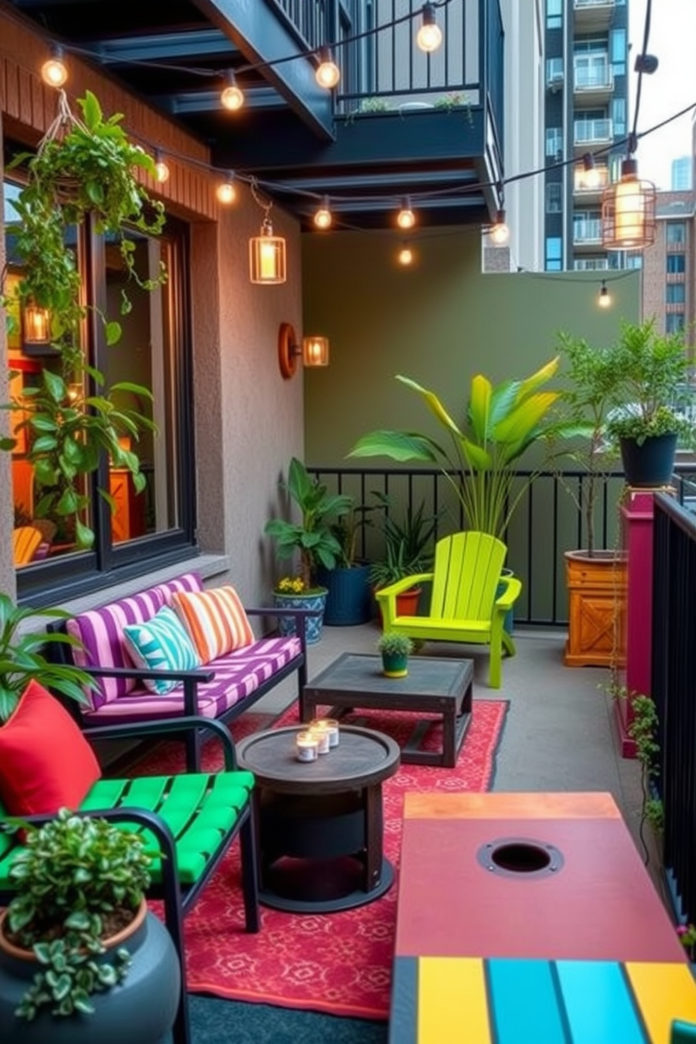 Create a vibrant apartment balcony designed for outdoor games and fun activities. Include colorful outdoor furniture, a small table for snacks, and a space for games like cornhole or giant Jenga. Incorporate greenery with potted plants and hanging planters to enhance the atmosphere. Ensure there is ample lighting for evening gatherings, with string lights or lanterns to create a cozy ambiance.