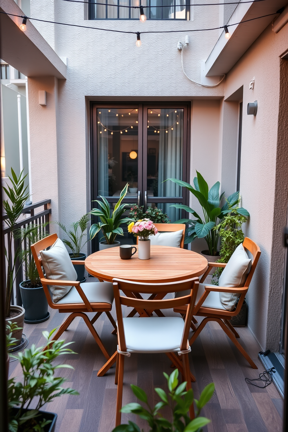 A compact dining set is arranged on a stylish apartment balcony, featuring a round wooden table surrounded by four comfortable chairs. The space is adorned with potted plants and string lights overhead, creating an inviting atmosphere for alfresco meals.