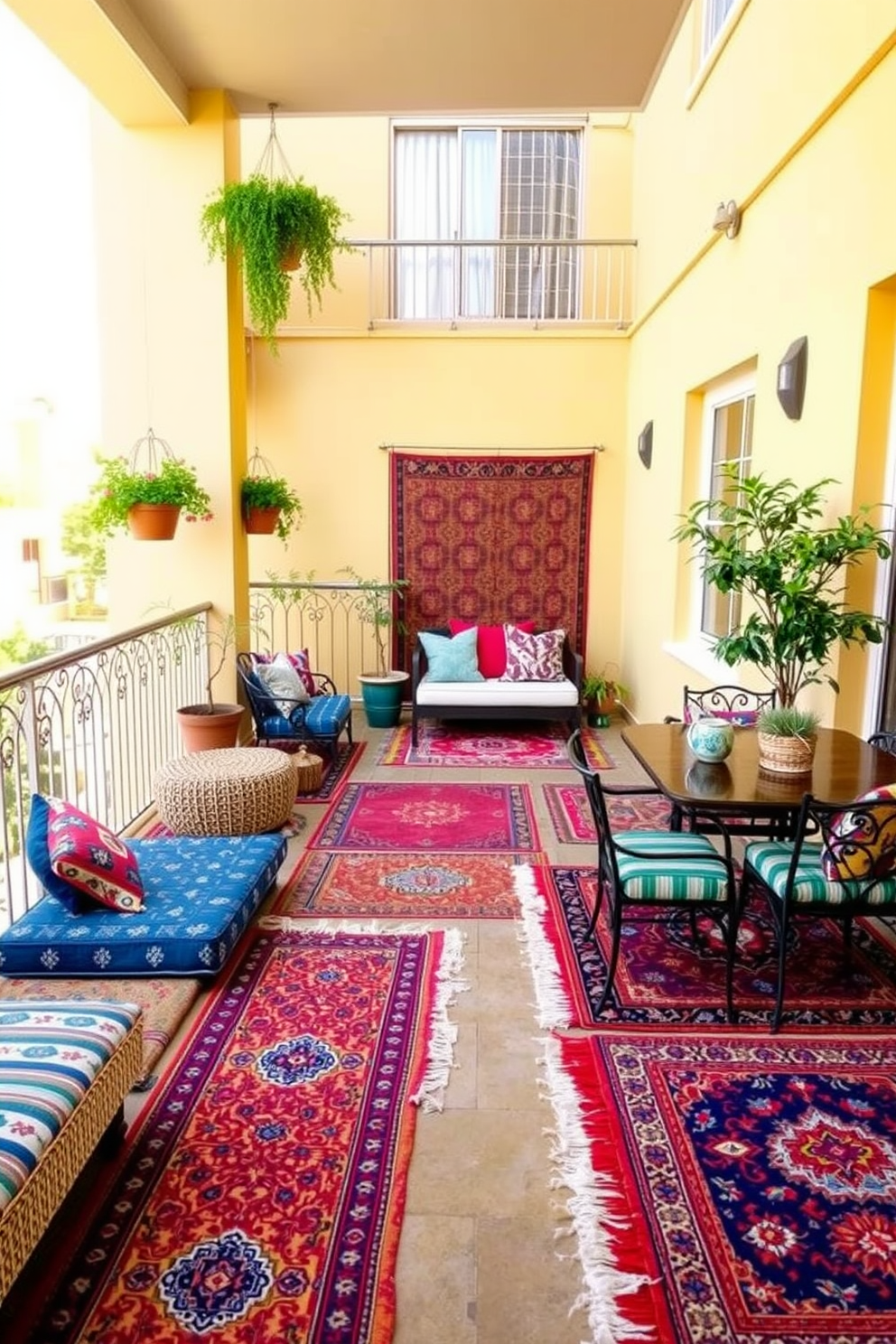 A vibrant balcony space filled with colorful rugs that define different areas for relaxation and dining. The rugs feature intricate patterns and bright hues, creating a lively atmosphere that invites comfort and style.