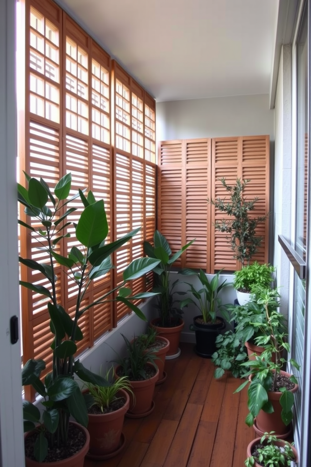 A stylish apartment balcony features decorative privacy screens made of natural wood, providing a sense of seclusion while allowing soft light to filter through. Potted plants in various sizes are strategically placed around the space, creating a lush, green oasis that enhances the tranquil atmosphere.