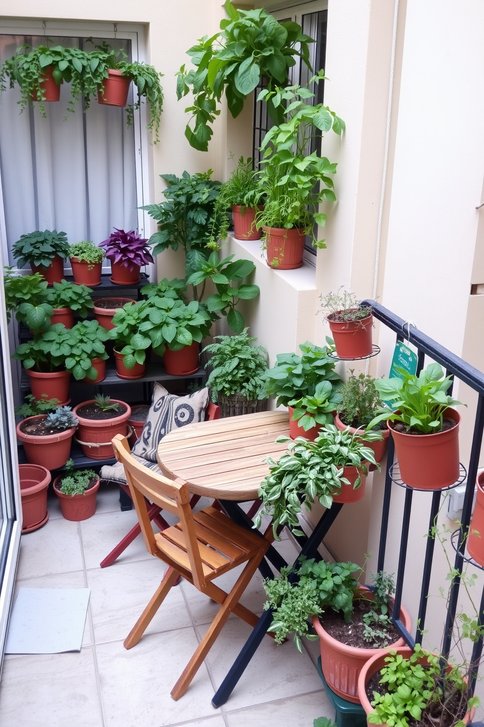 A charming apartment balcony adorned with potted herbs in various sizes. The space features a small wooden table surrounded by cozy chairs, creating an inviting atmosphere for outdoor dining.