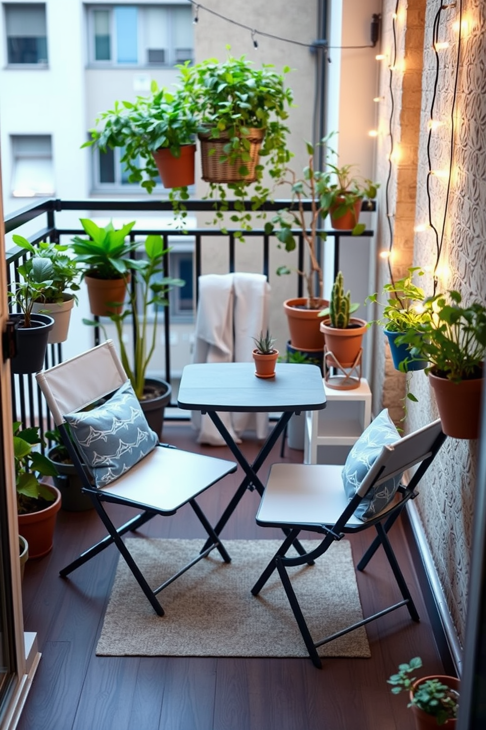 A cozy apartment balcony featuring folding furniture that maximizes space. The design includes a compact table and two foldable chairs, allowing for easy storage when not in use. The balcony is adorned with potted plants and string lights to create a warm ambiance. A small outdoor rug adds comfort underfoot, making it an inviting spot to relax.