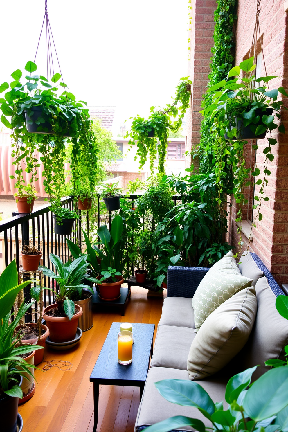 A serene apartment balcony filled with lush greenery creates a natural vibe. Potted plants of various sizes and shapes are strategically placed around the space, with a comfortable seating area featuring a cozy outdoor sofa adorned with soft cushions. Hanging planters filled with cascading vines add depth and texture to the balcony. The flooring is made of warm wood, complementing the vibrant greens, while a small table holds a refreshing drink and a few decorative candles.