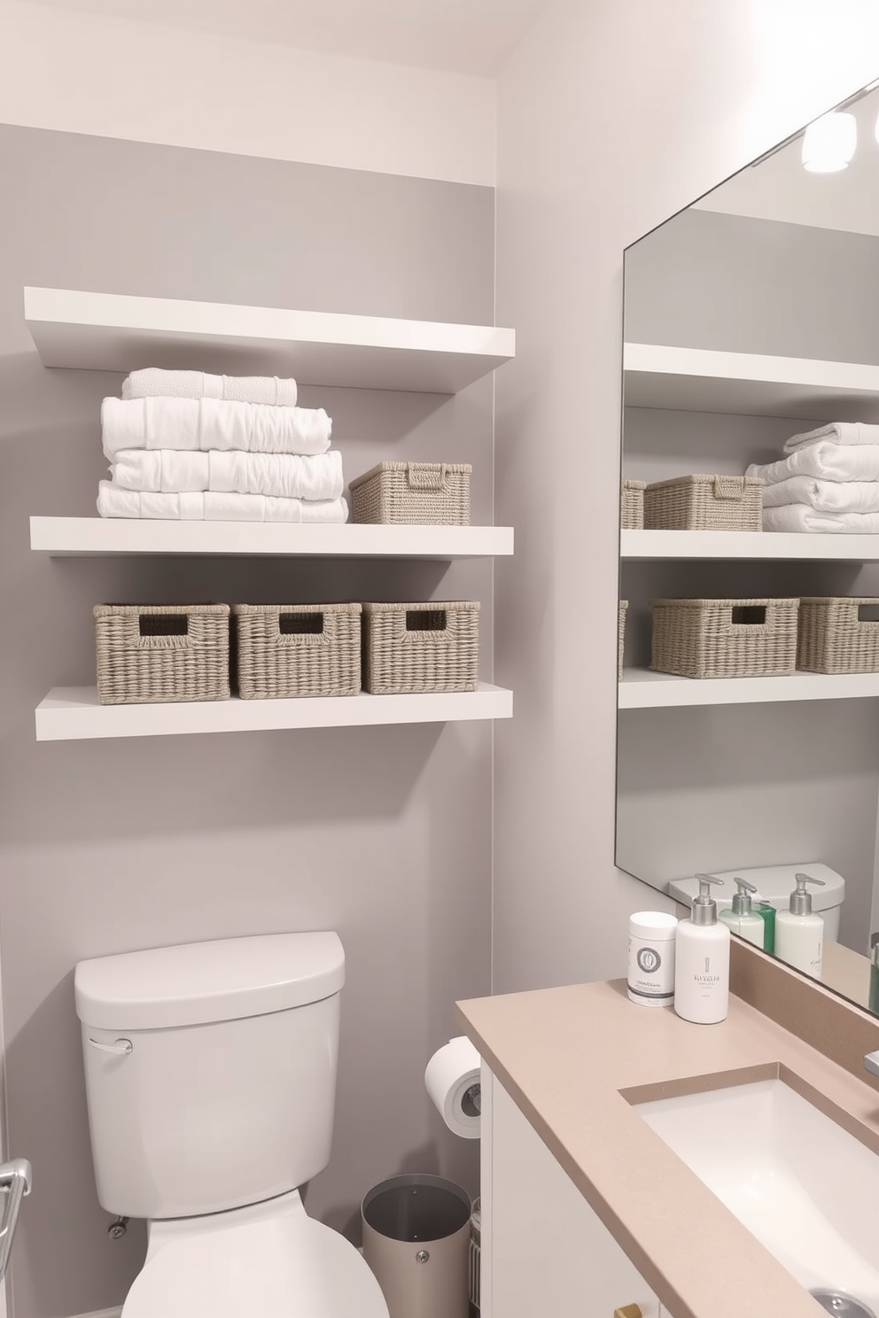 Maximize vertical storage with sleek open shelves that extend from floor to ceiling. Incorporate decorative baskets and stylish containers to keep toiletries organized while adding a touch of elegance. Use a modern sink with a minimalist design and a large mirror to create the illusion of space. Choose a calming color palette with soft blues and whites to enhance the serene atmosphere of the apartment bathroom.