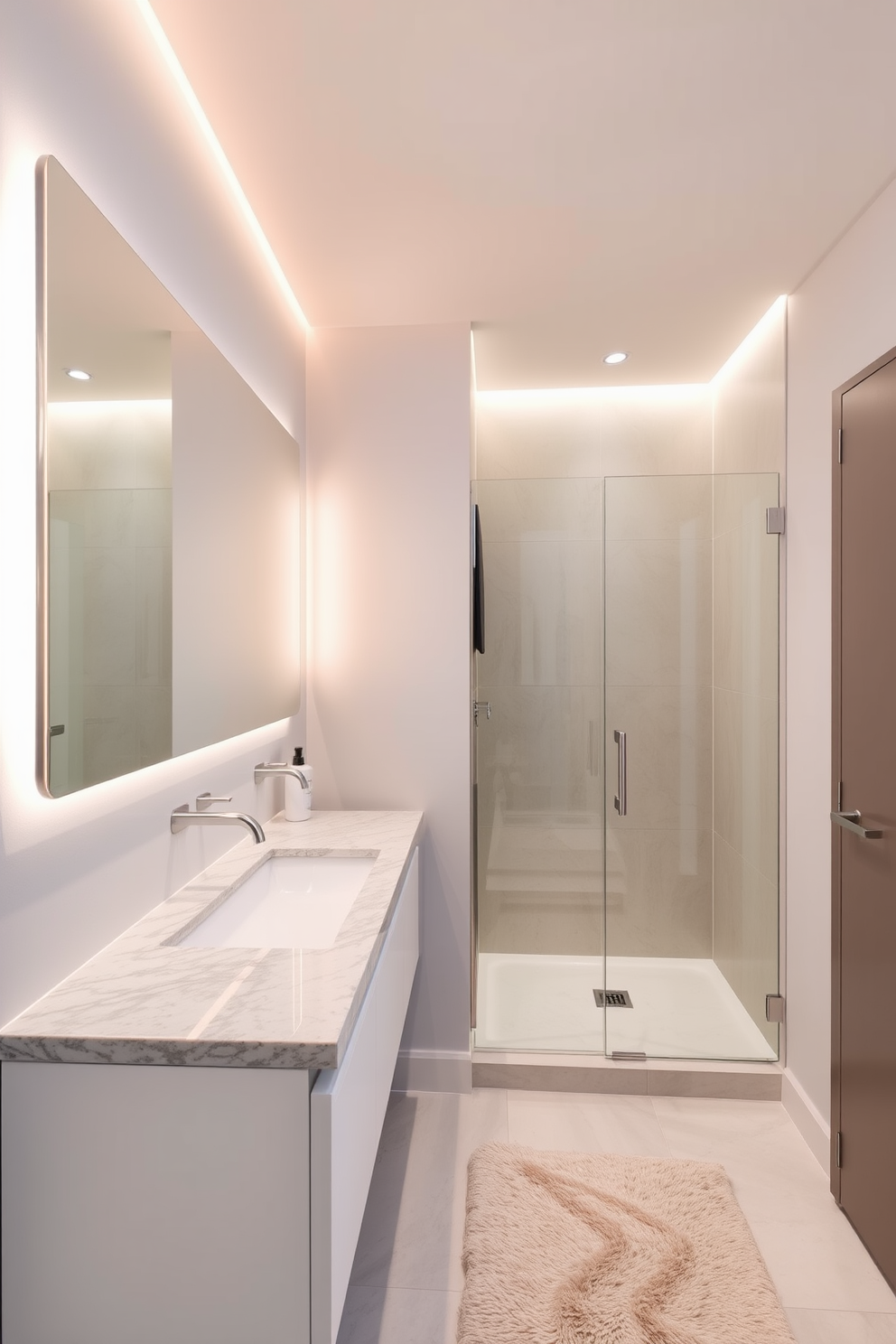 A cozy apartment bathroom featuring a soft textured rug that adds warmth and comfort to the space. The design includes modern fixtures, a sleek shower with glass doors, and a floating vanity with ample storage. The color palette consists of calming neutral tones, complemented by natural light filtering through a frosted window. Decorative elements include potted plants and stylish towels that enhance the overall aesthetic.