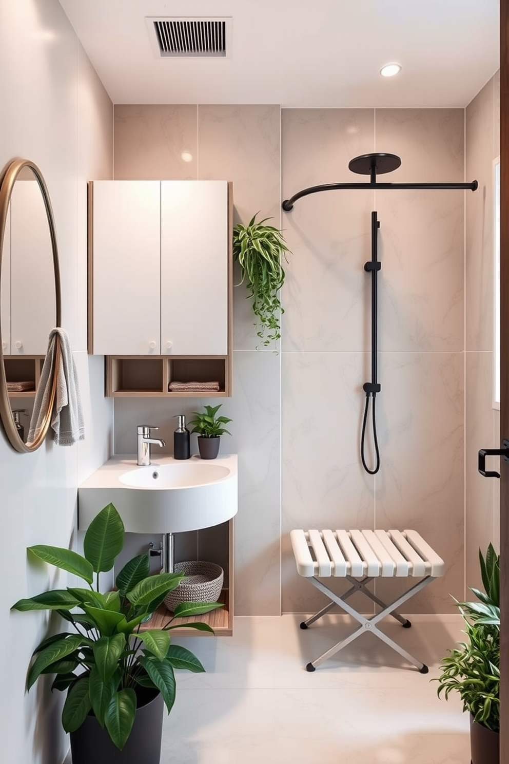 A compact toilet is installed in the corner of a stylish apartment bathroom, maximizing the available space while maintaining functionality. The walls are adorned with sleek white tiles, and a small, modern sink complements the minimalist design. Above the toilet, a floating shelf holds neatly arranged toiletries, adding both convenience and a touch of elegance. Soft, ambient lighting illuminates the room, creating a warm and inviting atmosphere perfect for relaxation.