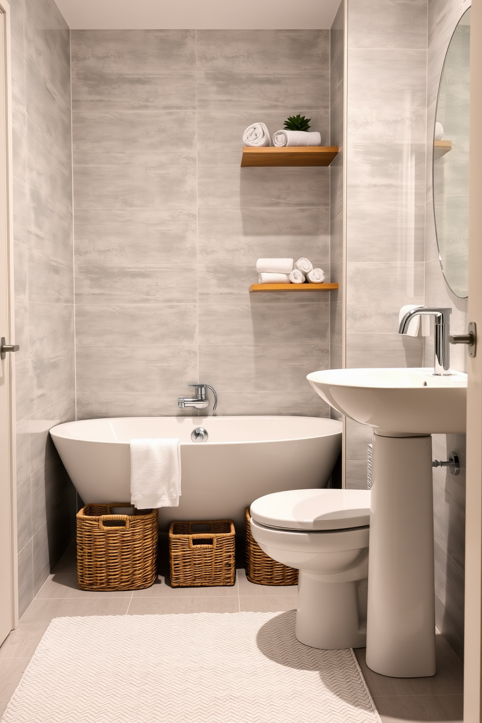 Accent lighting creates an inviting atmosphere in the apartment bathroom. Soft, warm lights illuminate the shower area, highlighting the sleek tiles and modern fixtures. A statement pendant light hangs above the freestanding bathtub, casting a gentle glow. The vanity is adorned with under-cabinet lighting, enhancing the beauty of the marble countertop and creating a cozy ambiance.