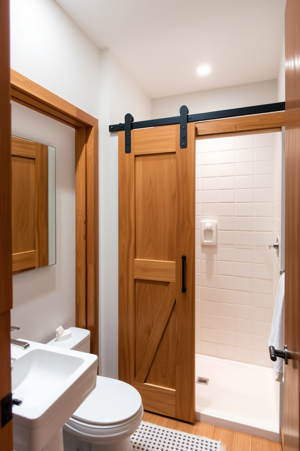 A frameless shower enclosure creates a seamless look in the apartment bathroom. The sleek glass design enhances the spaciousness while allowing natural light to flow through. The shower features a rainfall showerhead mounted on a minimalist tile wall. A floating vanity with a modern sink complements the contemporary aesthetic of the space.