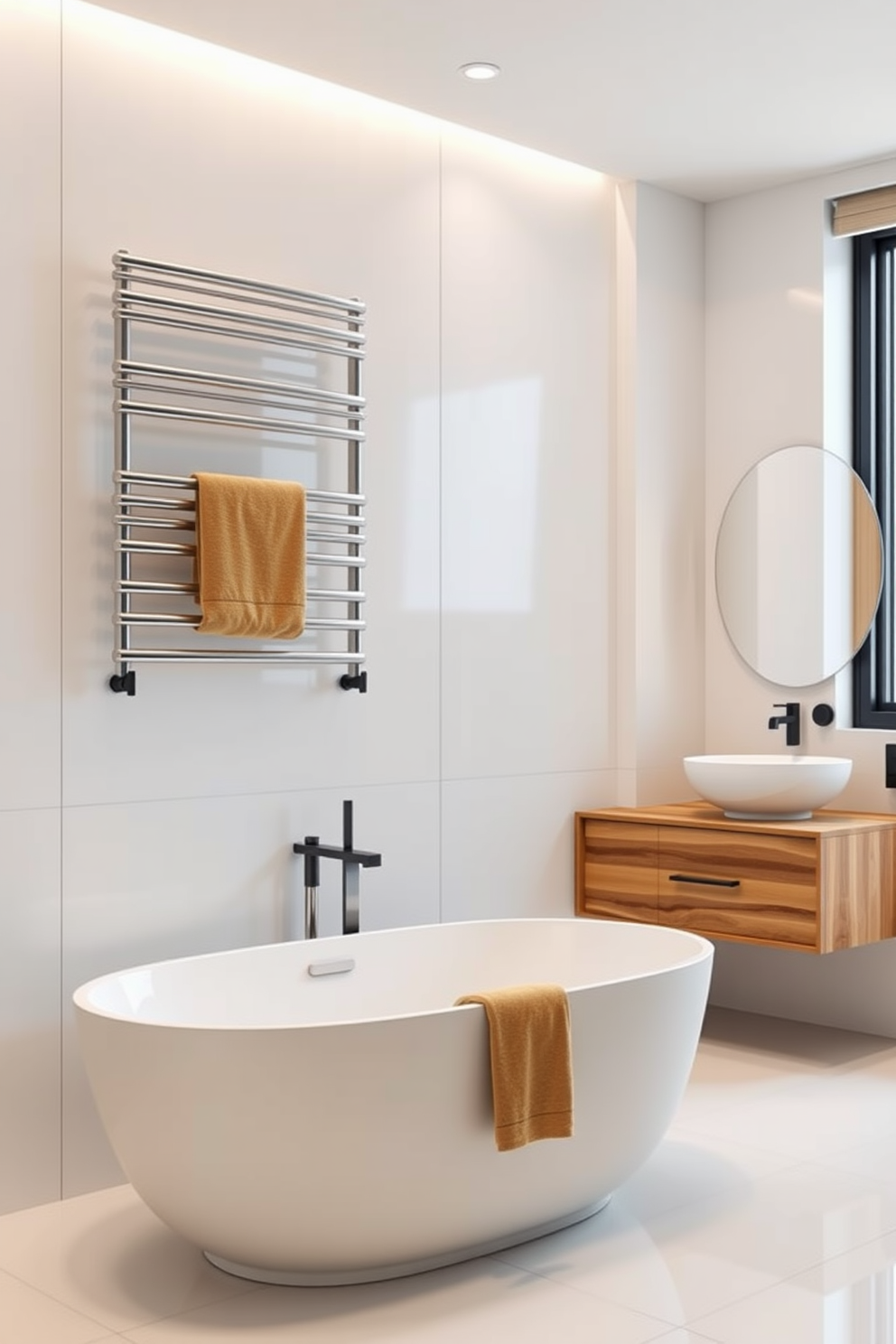 A modern apartment bathroom featuring a sleek foldable drying rack mounted on the wall. The space includes a compact vanity with a polished sink and a large mirror that reflects natural light, creating an airy atmosphere. The walls are adorned with light gray tiles, while the floor showcases a subtle geometric pattern. A potted plant sits next to the drying rack, adding a touch of greenery to the contemporary design.