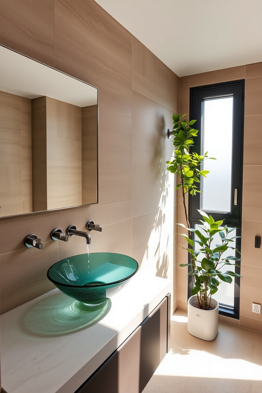 A contemporary apartment bathroom features sleek fixtures and a minimalist design aesthetic. The walls are painted in a crisp white, complemented by a floating vanity with a polished chrome faucet and a large frameless mirror above it. The shower area showcases a glass enclosure with a rainfall showerhead and modern tile work in subtle gray tones. Soft ambient lighting highlights the clean lines and enhances the overall tranquility of the space.