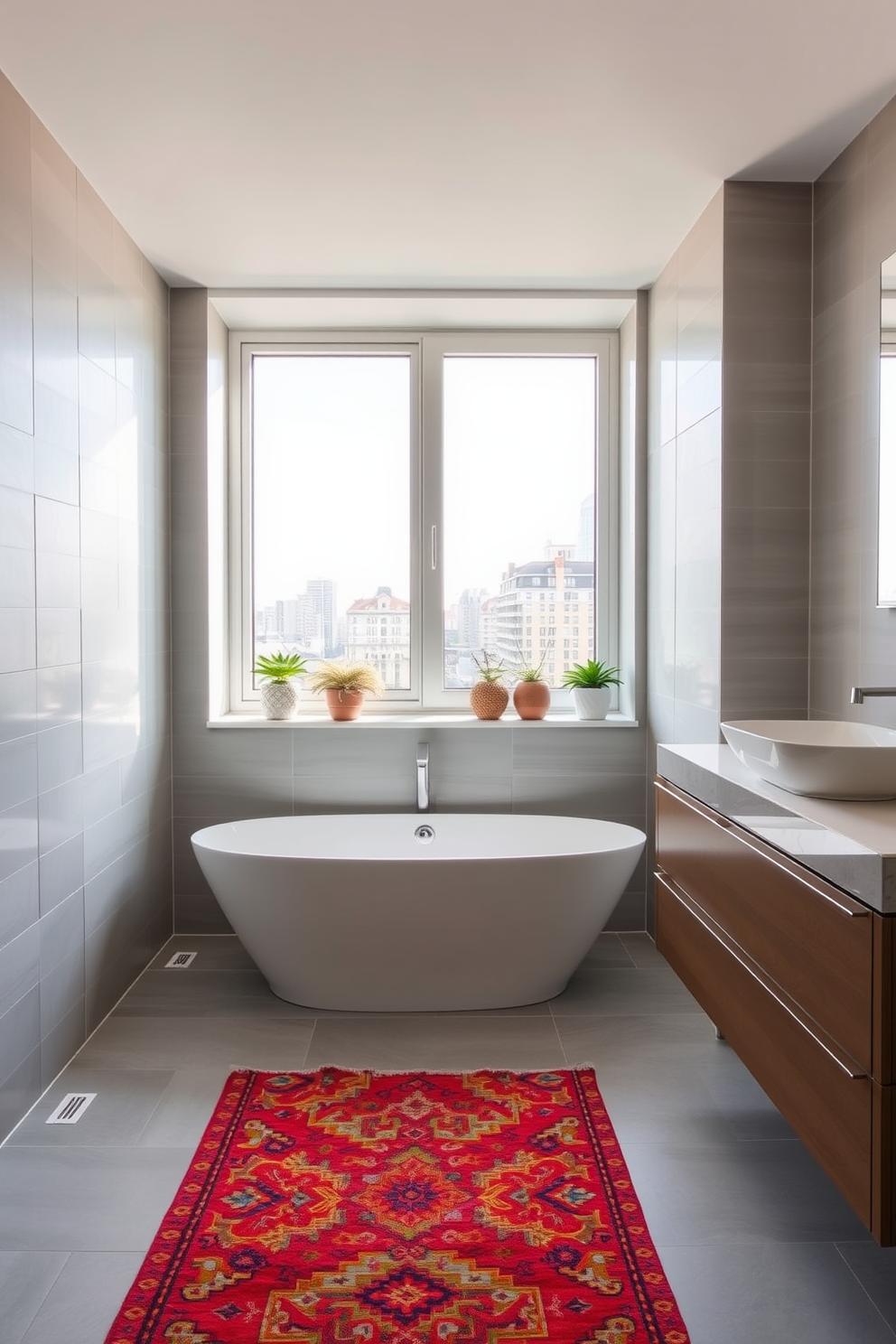 A serene apartment bathroom with soft lighting creating a relaxing ambiance. The space features a freestanding tub surrounded by candles and a plush rug underfoot. Light-colored tiles adorn the walls, complemented by natural wood accents. A large window allows natural light to filter in, enhancing the tranquil atmosphere.