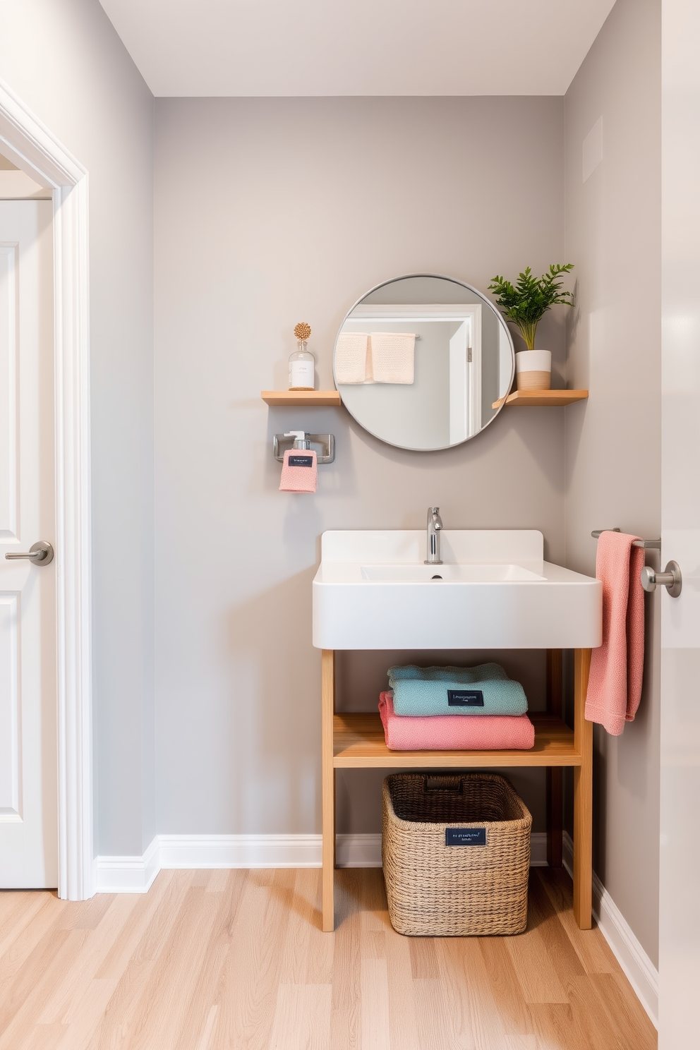 A stylish apartment bathroom featuring a modern laundry hamper made of wicker placed beside a sleek white vanity. The walls are adorned with soft gray tiles, and a large round mirror with a black frame reflects the warm light from a contemporary pendant fixture above.