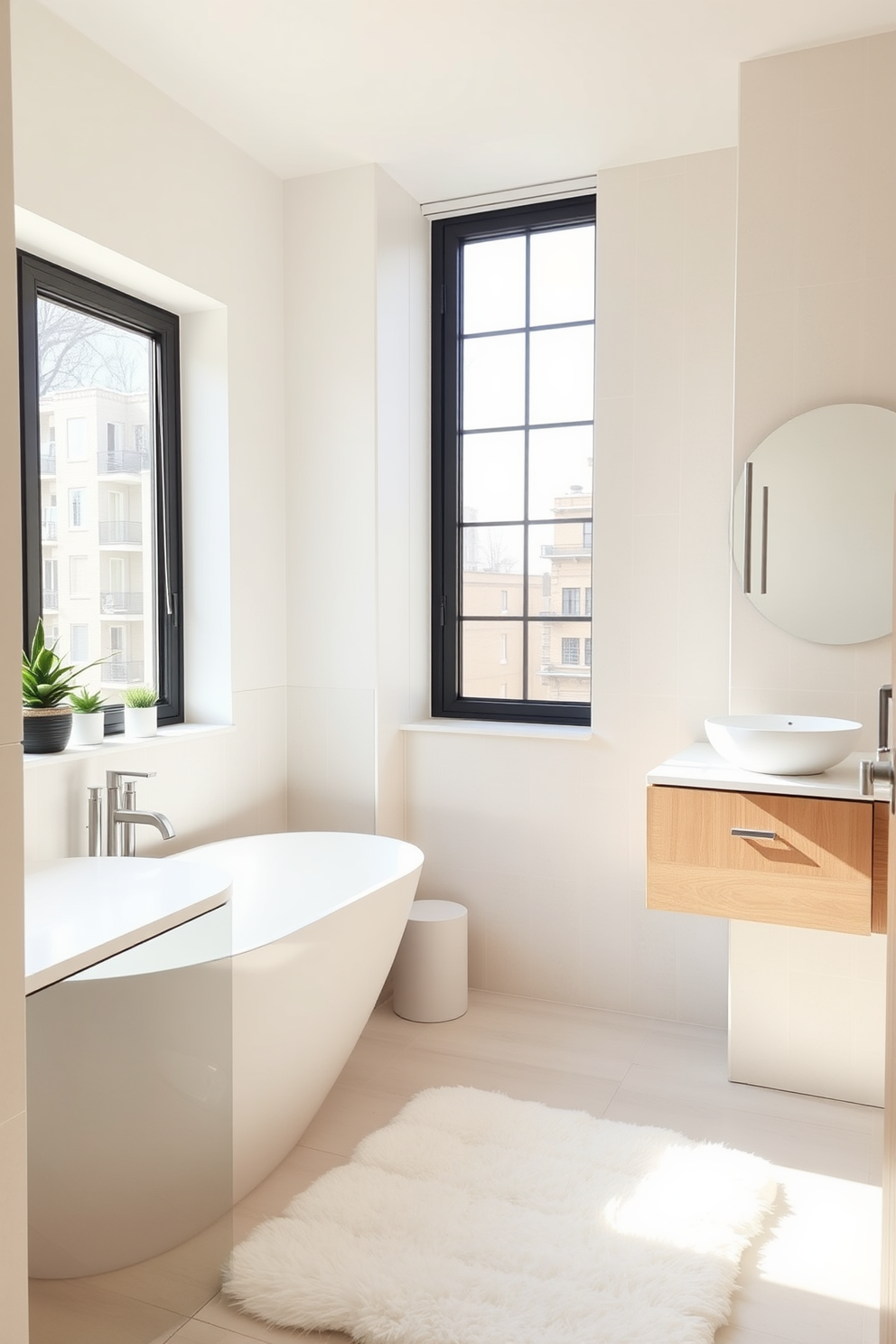 A chic apartment bathroom featuring a large wall-mounted mirror that creates an illusion of spaciousness. The sleek vanity is adorned with a polished quartz countertop and modern fixtures, complemented by soft ambient lighting. The walls are painted in a soft gray hue, enhancing the contemporary feel of the space. A stylish shower curtain in a geometric pattern adds a pop of interest, while potted plants bring a touch of nature indoors.