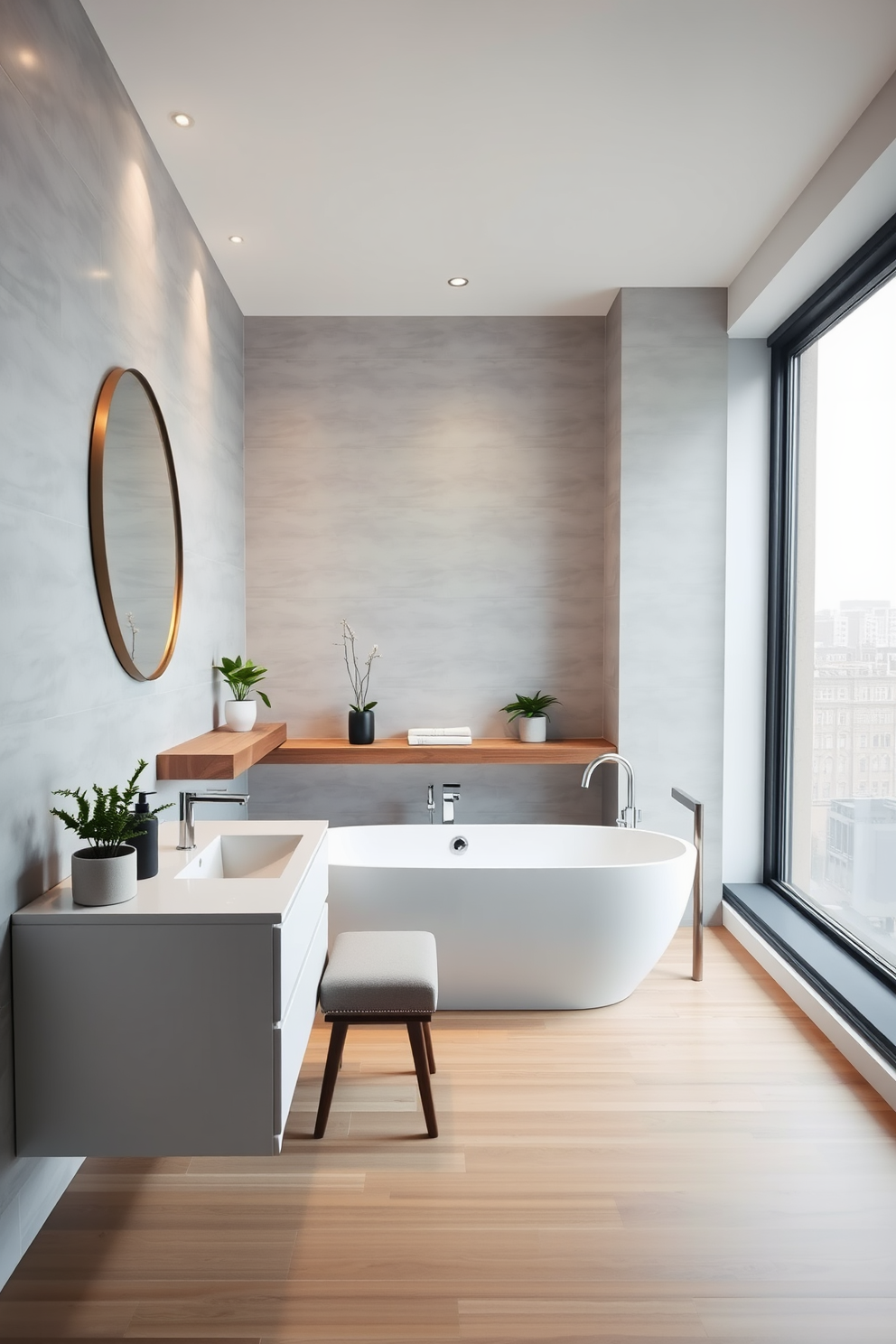 Stylish baskets for organized toiletries are neatly arranged on a floating wooden shelf above a sleek white countertop. The bathroom features soft gray walls and a modern freestanding tub, creating a serene atmosphere. In one corner, a woven basket holds bath essentials, while another basket complements the decor with rolled towels. The floor is adorned with light-colored tiles, enhancing the overall elegance of the space.