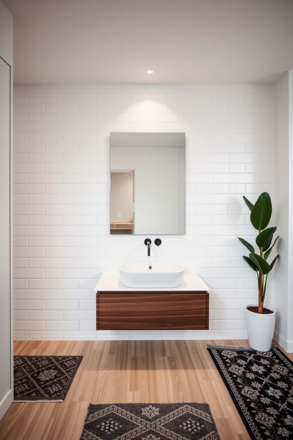 A striking apartment bathroom design features a bold, colorful backsplash that serves as the focal point of the space. The cabinetry is sleek and modern, complemented by polished chrome fixtures that enhance the overall aesthetic. The shower area includes a frameless glass enclosure, allowing the vibrant tiles to take center stage. Soft, ambient lighting highlights the unique design elements, creating a warm and inviting atmosphere.