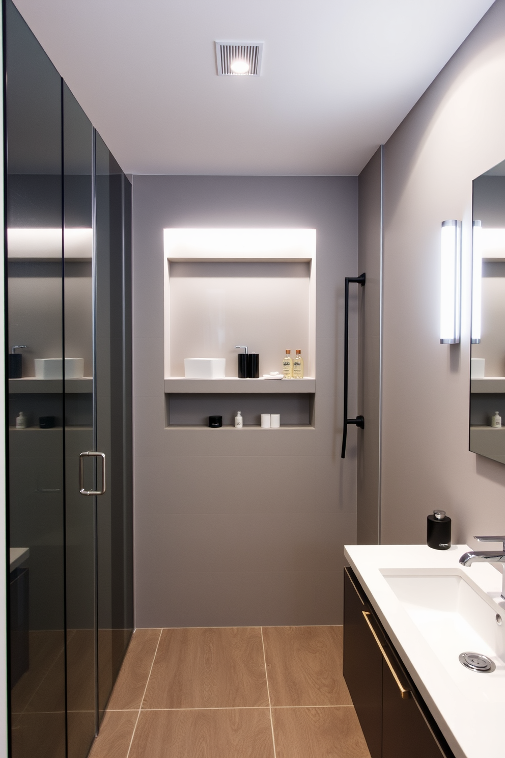 A chic apartment bathroom featuring a sleek white bathtub with a freestanding faucet. A small wooden stool is positioned beside the tub for convenience, adding a touch of warmth to the space. The walls are adorned with light gray tiles that extend halfway up, while the upper portion is painted in a crisp white. A round mirror with a minimalist frame hangs above a floating vanity, which is complemented by stylish gold fixtures.