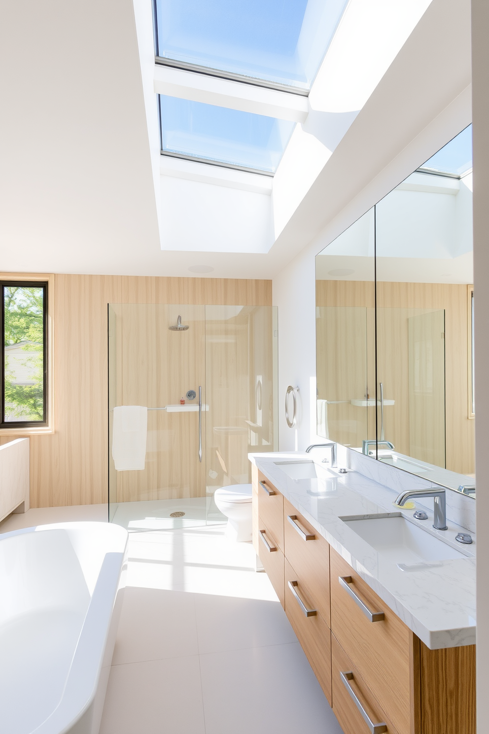 A modern apartment bathroom featuring sleek white tiles and a spacious glass shower enclosure. On the wall, stylish hooks are installed for towels and accessories, adding functionality and elegance to the space. The vanity showcases a minimalist design with a floating wooden countertop and an integrated sink. Above the vanity, a large mirror reflects the natural light, enhancing the bright and airy atmosphere of the bathroom.