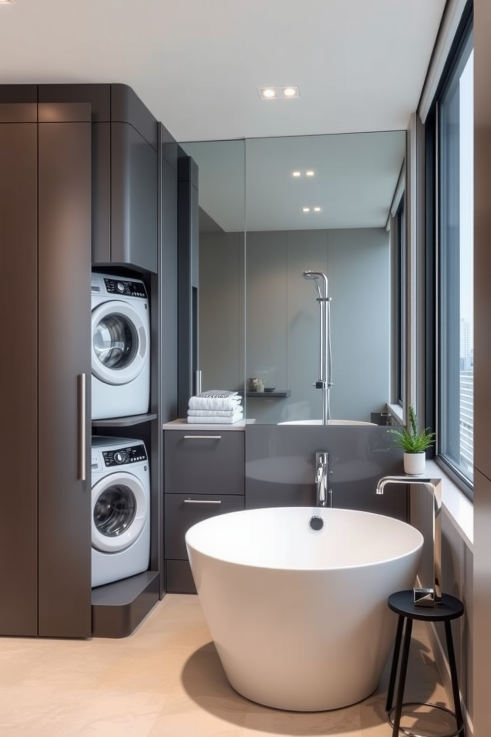 A minimalist apartment bathroom features a sleek white floating vanity with a single basin and a large frameless mirror above it. The walls are painted in a soft gray hue, and the floor is adorned with large format white tiles for a clean and spacious feel. In the corner, a glass-enclosed shower showcases a simple rain showerhead and a built-in shelf for toiletries. A small potted plant adds a touch of greenery, while fluffy white towels are neatly arranged on a wall-mounted rack.