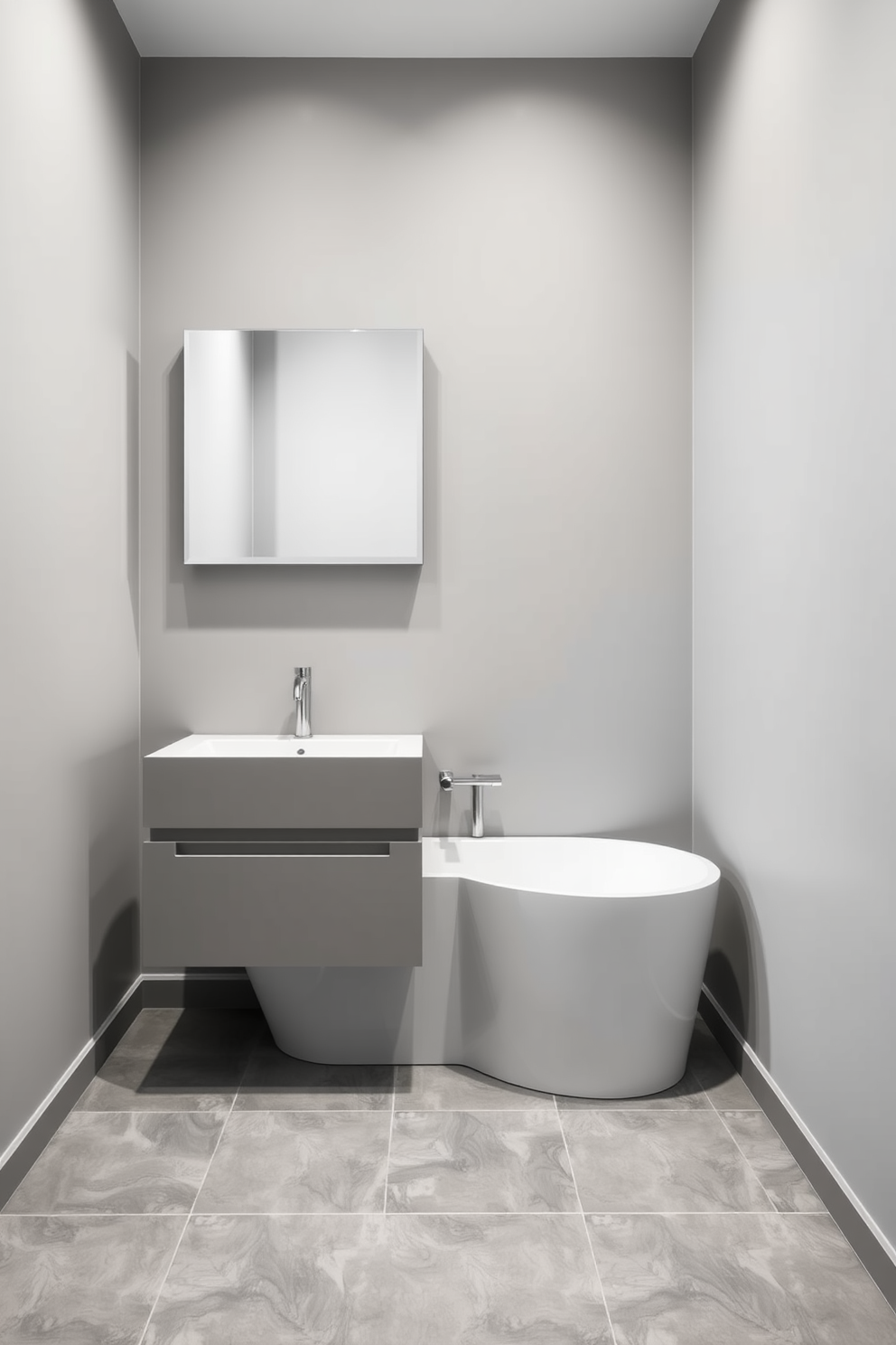 A modern apartment bathroom featuring a sleek white bathtub with a freestanding faucet. The walls are adorned with large format tiles in a soft gray tone, and decorative baskets are placed strategically for organization. A stylish wooden shelving unit is mounted above the toilet, showcasing neatly arranged towels and plants. The floor is finished with light-colored wood, complementing the warm ambiance of the space.