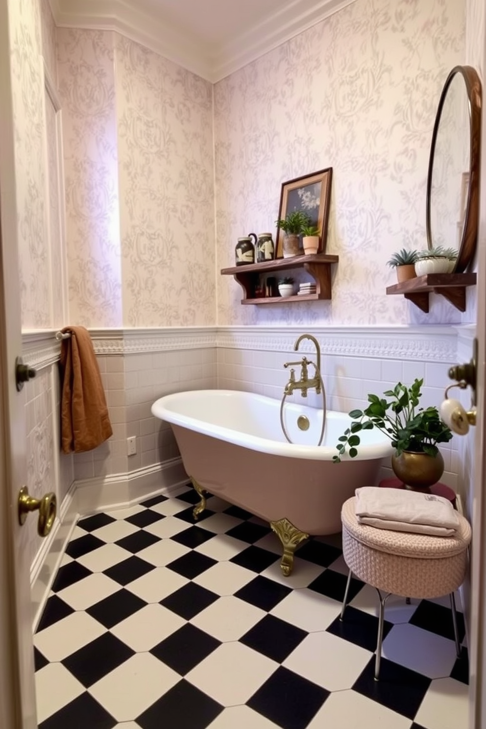 A modern apartment bathroom features bold geometric floor tiles in black and white that create a striking visual contrast. The space includes a sleek freestanding tub positioned under a large window, allowing natural light to flood the room. A minimalist vanity with a vessel sink and brushed gold fixtures complements the overall aesthetic. Soft white walls enhance the brightness, while a touch of greenery is added with a potted plant on the windowsill.