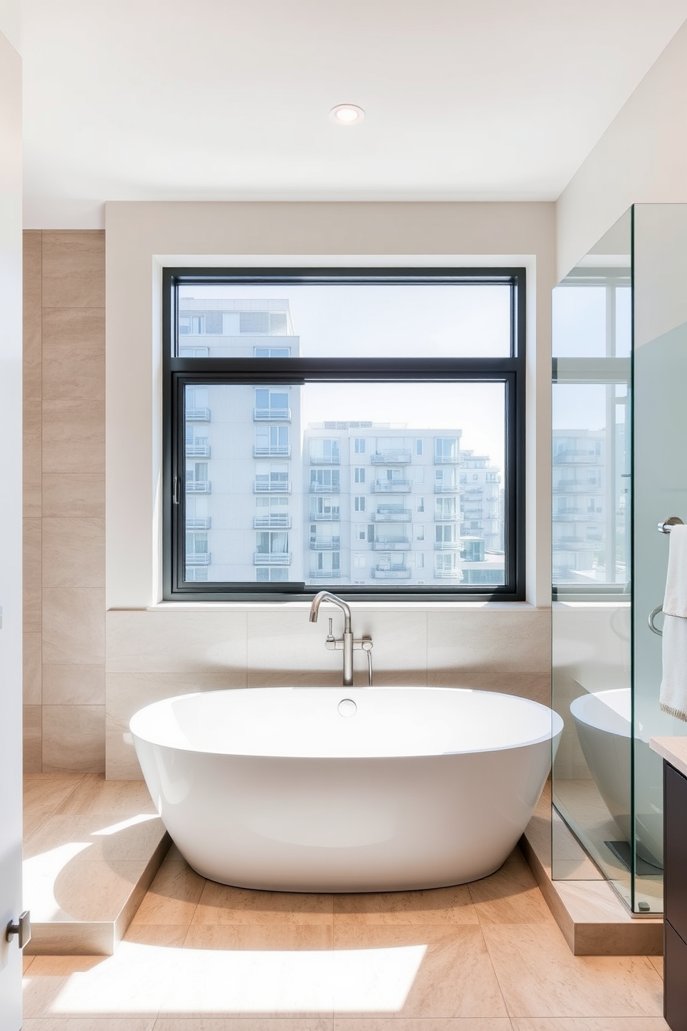 A colorful shower curtain adds a vibrant touch to the apartment bathroom. The space features a sleek white bathtub, surrounded by modern fixtures and bright accents that complement the curtain's hues.