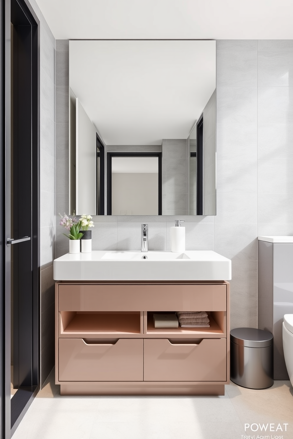 A stylish apartment bathroom features a modern shower bench made of natural wood, providing both comfort and aesthetic appeal. The walls are adorned with sleek tiles in soft gray tones, and a large glass shower enclosure enhances the spacious feel of the room.