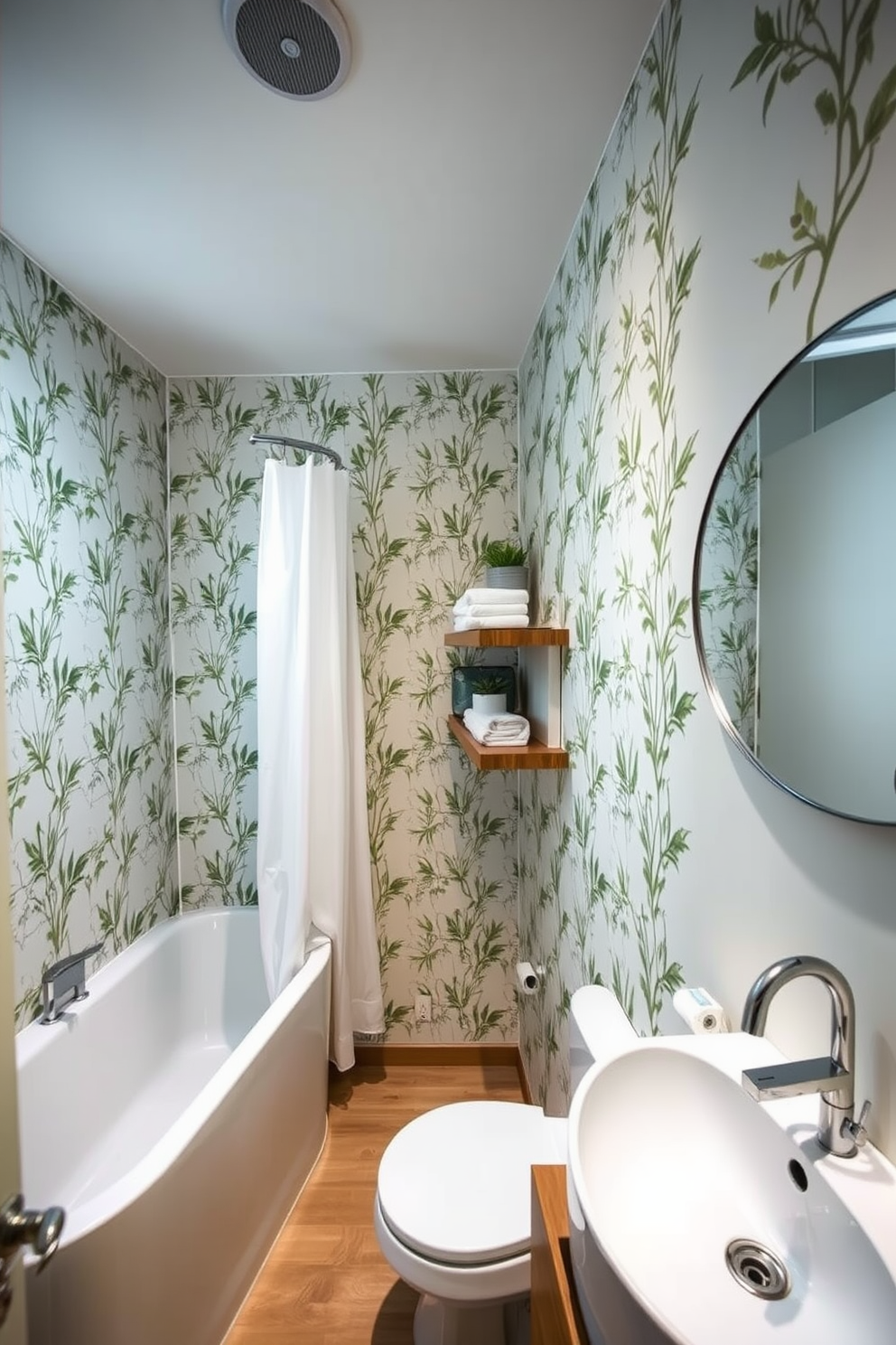 A compact bathtub is elegantly positioned against a soft gray wall, providing a serene focal point for the space. The surrounding area features minimalist shelving with neatly arranged bath essentials and a small potted plant for a touch of greenery. Natural light filters in through a frosted window, illuminating the sleek fixtures and modern finishes. The floor is adorned with light wood tiles, enhancing the overall warmth and inviting atmosphere of the apartment bathroom.