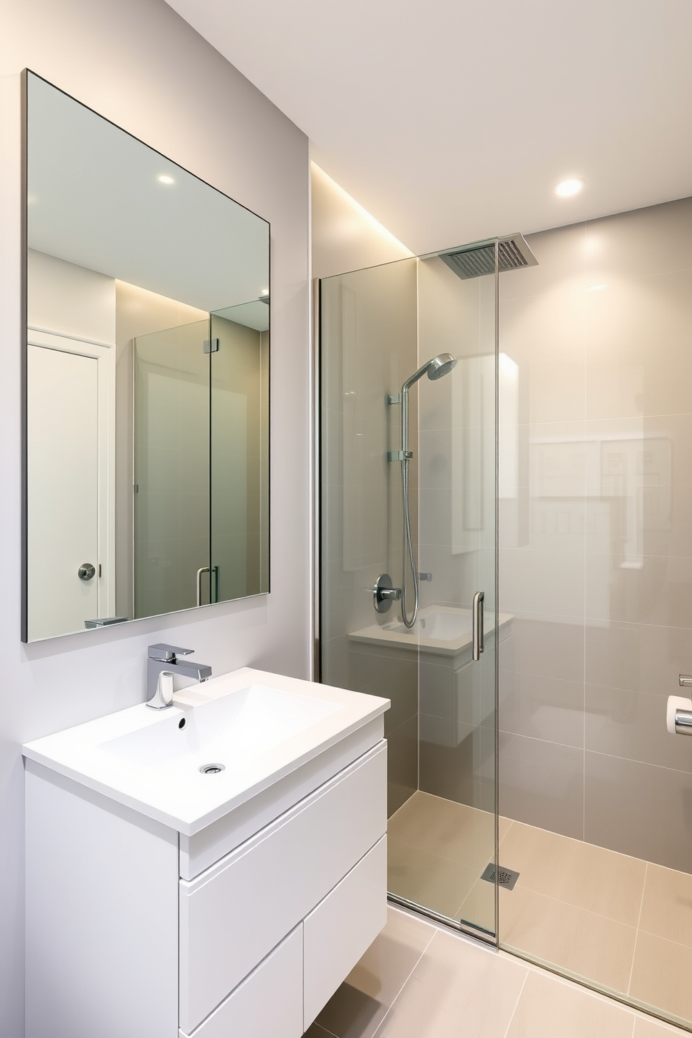 A chic apartment bathroom featuring an accent wall adorned with bold patterned wallpaper that adds a striking visual element. The space includes a sleek freestanding tub, complemented by modern fixtures and a stylish shower area with glass doors.