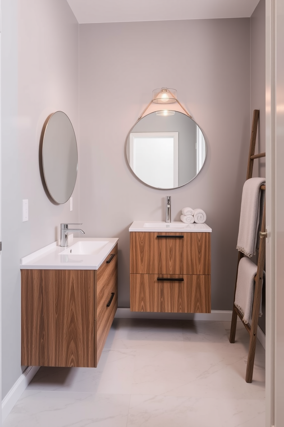 A stylish apartment bathroom featuring a sleek corner shelf made of natural wood to maximize space. The walls are painted in a soft gray tone, and the floor is adorned with large white tiles, creating a clean and modern aesthetic. The corner shelf holds neatly arranged towels and decorative items, enhancing both functionality and visual appeal. A contemporary round mirror with a matte black frame is mounted above a minimalist sink, complemented by polished chrome fixtures.