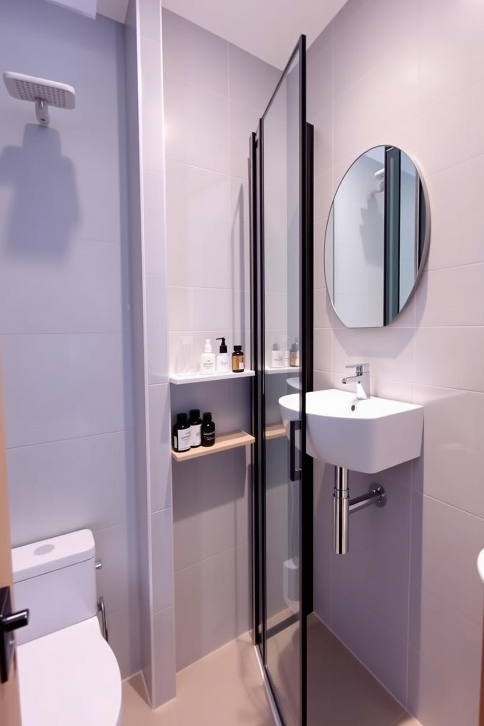 A compact corner shower with a sleek glass door is the centerpiece of this modern apartment bathroom. The walls are adorned with light gray tiles that create a clean and airy atmosphere, complemented by a minimalist vanity with a polished chrome faucet. Natural light streams in through a frosted window, enhancing the serene ambiance. A small potted plant sits on the vanity, adding a touch of greenery to the space.