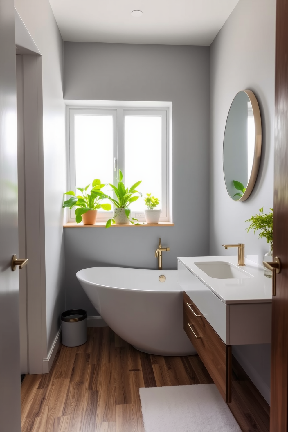 A serene apartment bathroom filled with indoor plants that bring a fresh touch to the space. Lush green ferns and potted succulents are strategically placed on the windowsill and countertop, enhancing the natural ambiance. The bathroom features a sleek white bathtub surrounded by elegant tiles in soft earth tones. A large mirror reflects the greenery, creating a calming and inviting atmosphere.