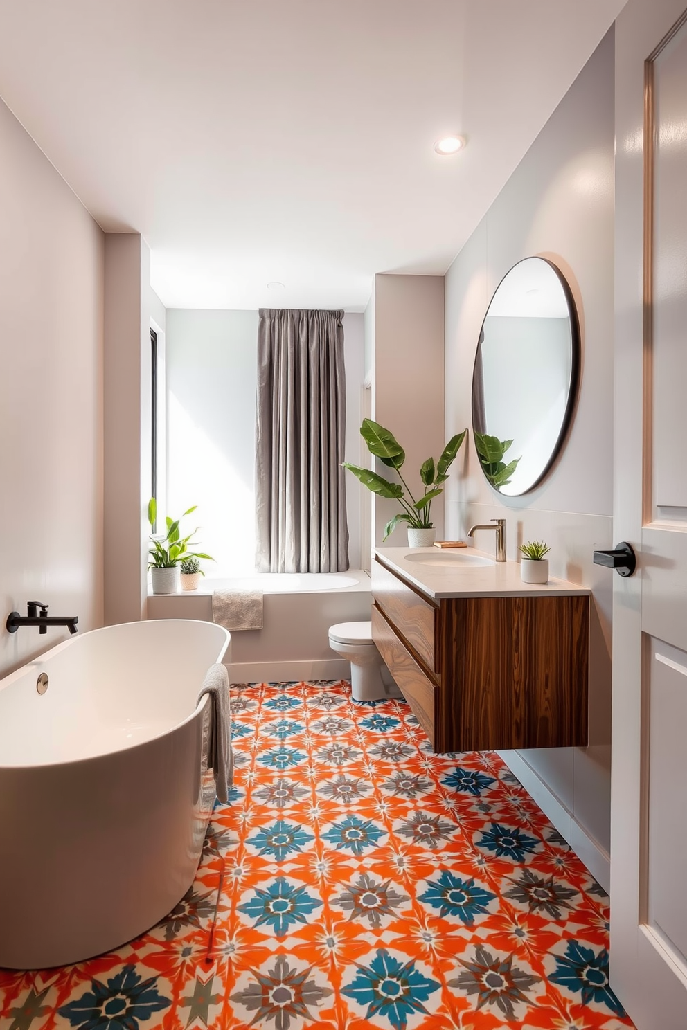 A modern apartment bathroom featuring patterned tiles that create a stunning visual interest. The space includes a sleek freestanding bathtub with a minimalist design, complemented by a stylish floor-to-ceiling window allowing natural light to flood in. The walls are adorned with a soft gray paint that contrasts beautifully with the vibrant tiles. A floating vanity with a vessel sink sits against one wall, paired with elegant gold fixtures that add a touch of luxury.