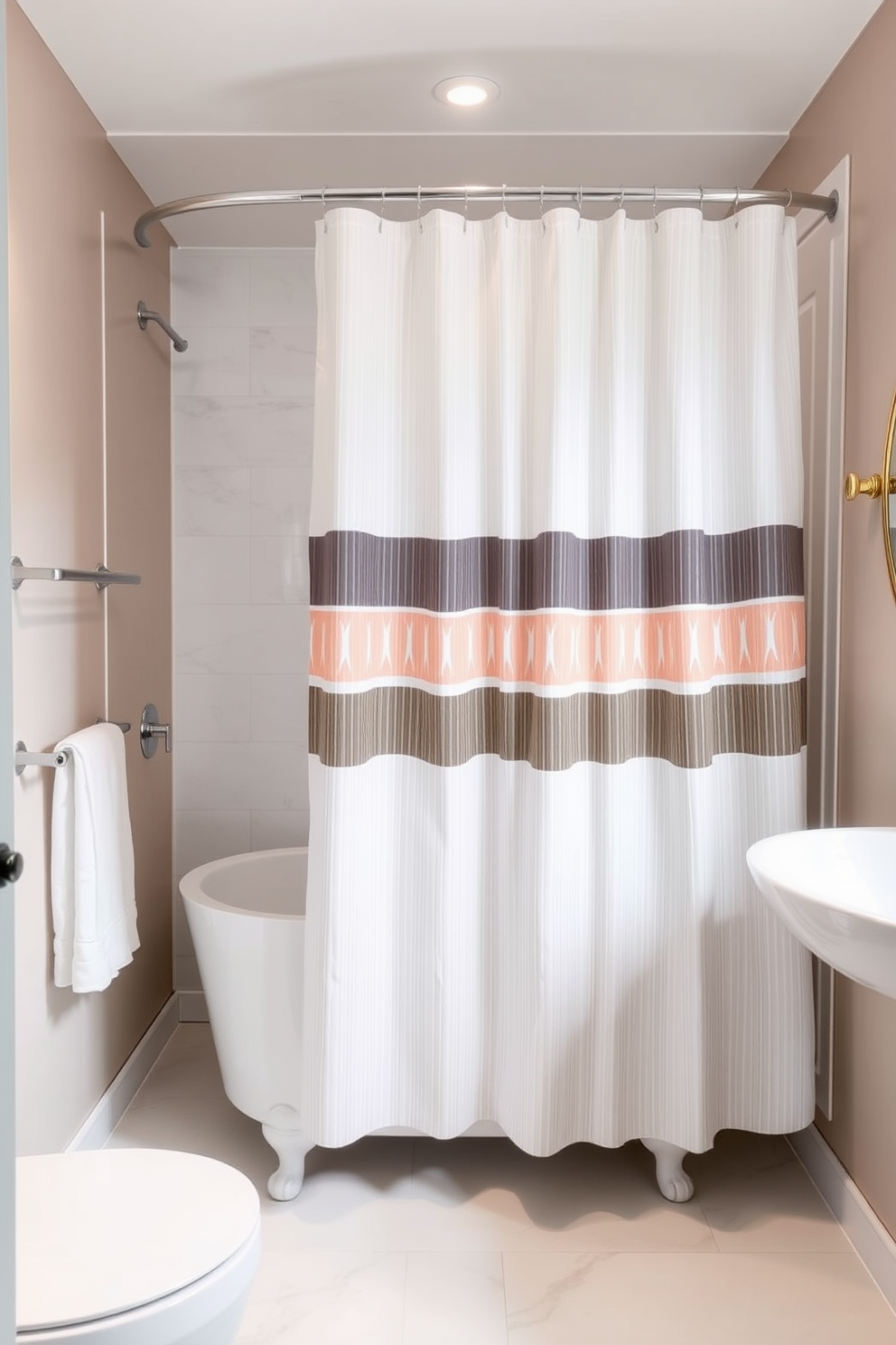 A modern apartment bathroom featuring wall-mounted faucets that create a sleek and streamlined appearance. The space includes a floating vanity with a minimalist design and a large frameless mirror reflecting the soft ambient lighting. The walls are adorned with large-format tiles in a soft gray tone, complemented by a stylish shower area with glass doors. A plush bath mat in a neutral color adds warmth, while decorative plants bring a touch of nature to the contemporary setting.