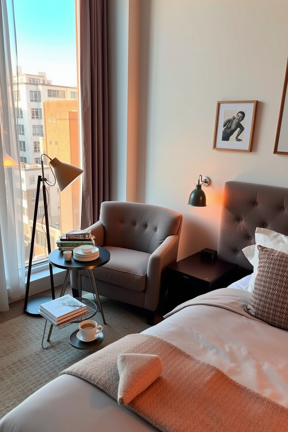 A cozy reading nook by the window features a plush armchair upholstered in soft fabric. A small side table holds a stack of books and a steaming cup of tea, while a warm throw blanket is draped over the arm of the chair. The window is adorned with light, airy curtains that allow natural light to filter in. A small bookshelf filled with colorful novels and decorative items sits nearby, creating an inviting atmosphere for relaxation and reading.