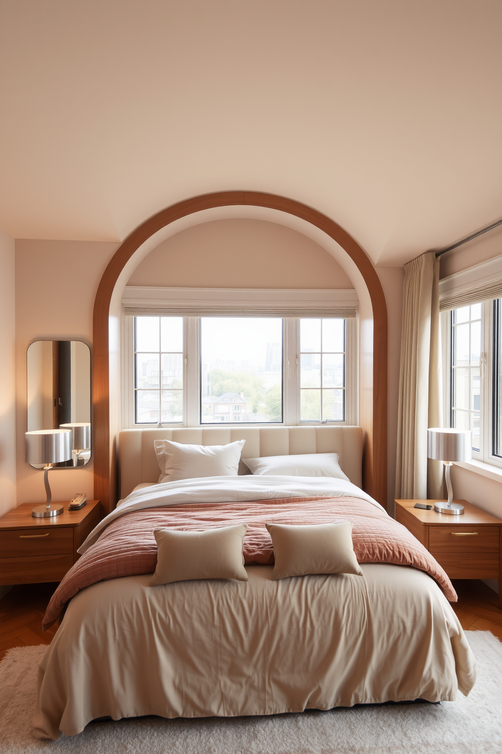 A serene apartment bedroom featuring large windows that allow natural light to flood the space. The walls are painted in a soft beige color, and a plush king-sized bed with a tufted headboard is centered against one wall. On either side of the bed, sleek nightstands hold modern lamps with warm light. A full-length mirror is positioned opposite the windows, reflecting the light and creating an illusion of a larger space.