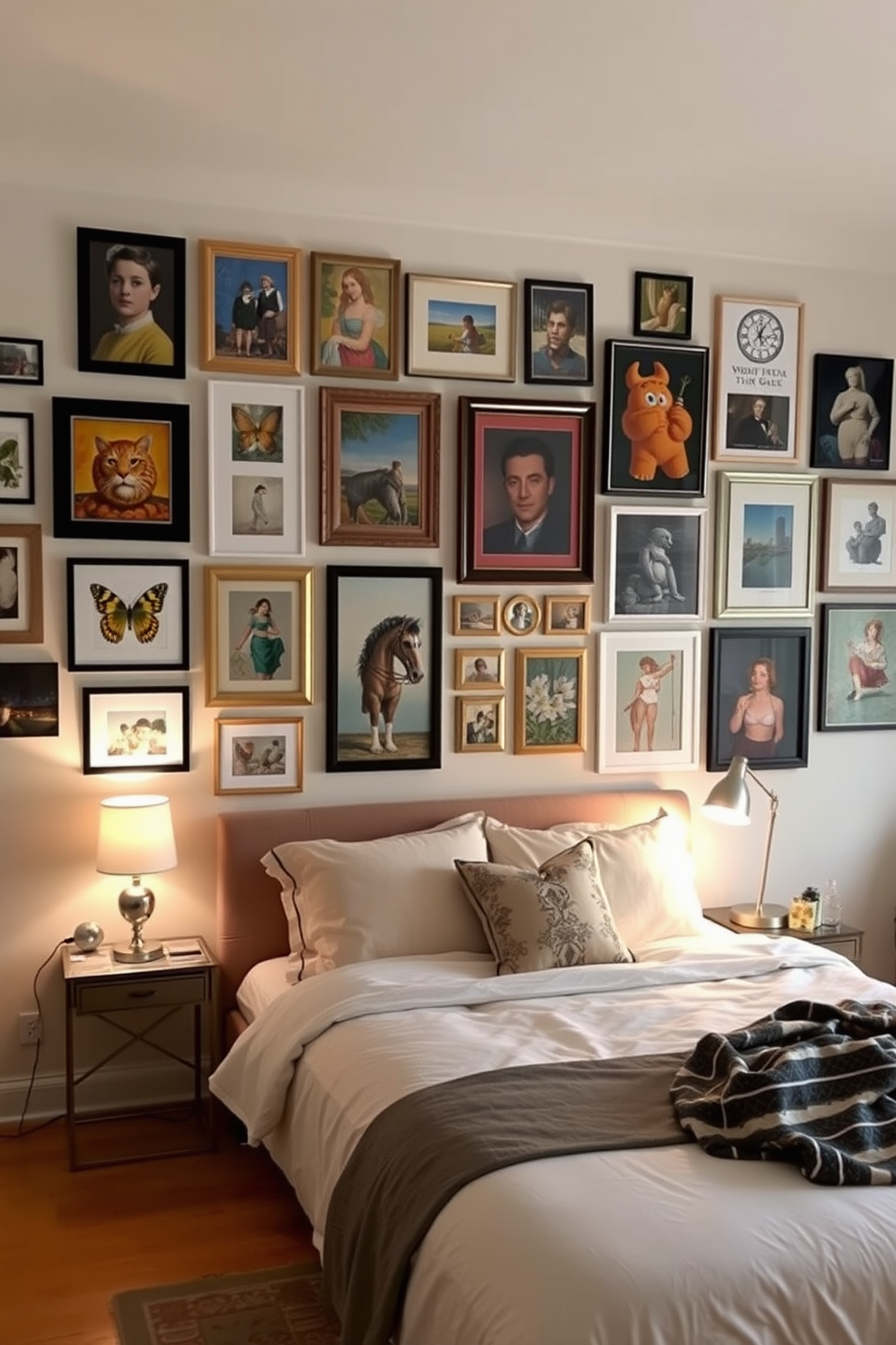 A gallery wall showcasing personal art fills the space with character and warmth. The collection includes framed photographs, colorful paintings, and unique prints arranged in an eclectic yet harmonious layout. The bedroom features a cozy bed with plush bedding and decorative pillows. Soft lighting from bedside lamps creates an inviting atmosphere, while a stylish rug anchors the space.