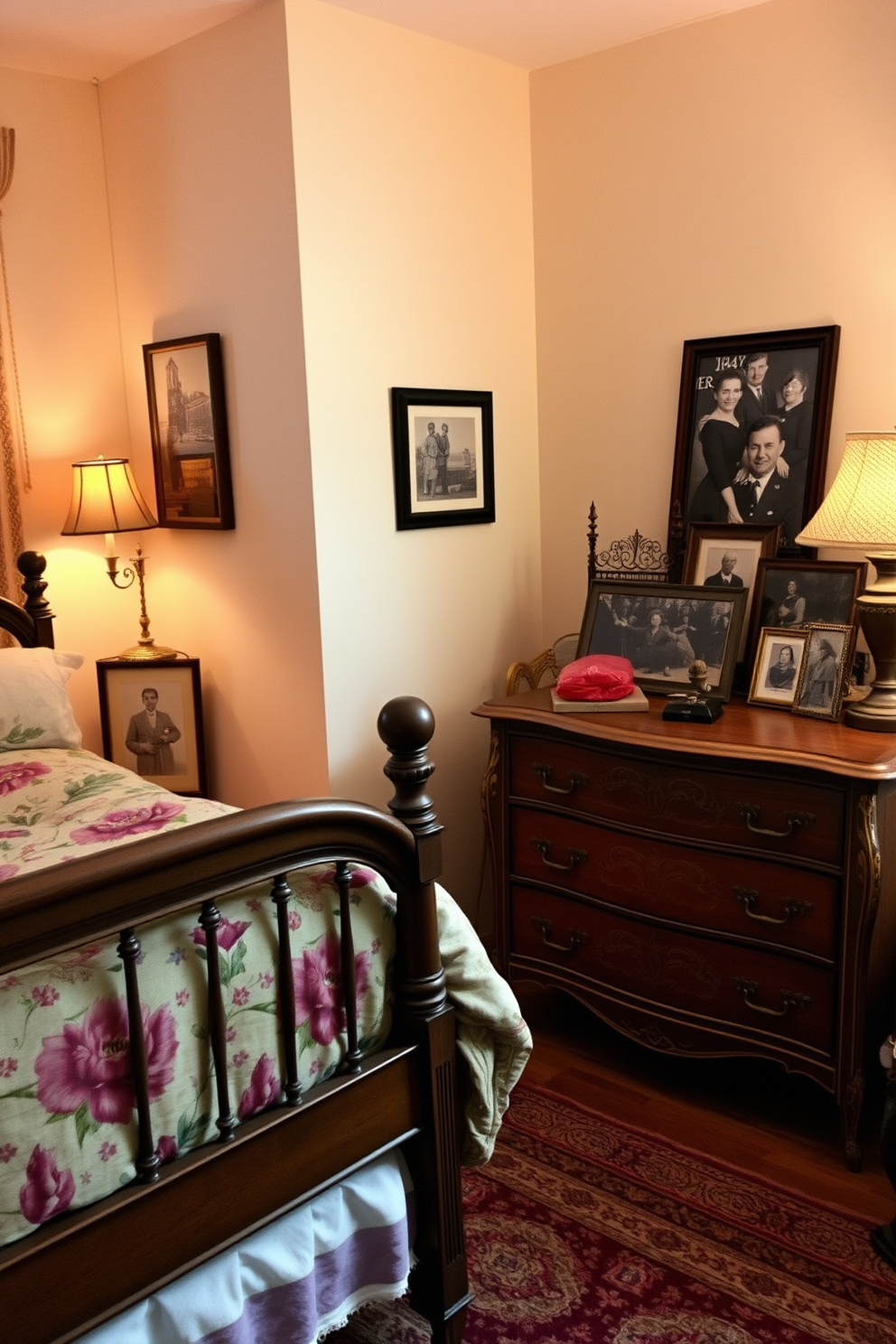 A cozy apartment bedroom filled with vintage furnishings that exude character and charm. The room features an antique wooden bed frame with a plush floral quilt and mismatched pillows. A vintage dresser with ornate details sits against one wall, topped with a collection of framed black and white photographs. Soft, warm lighting from a retro bedside lamp creates an inviting atmosphere, enhancing the room's nostalgic feel.