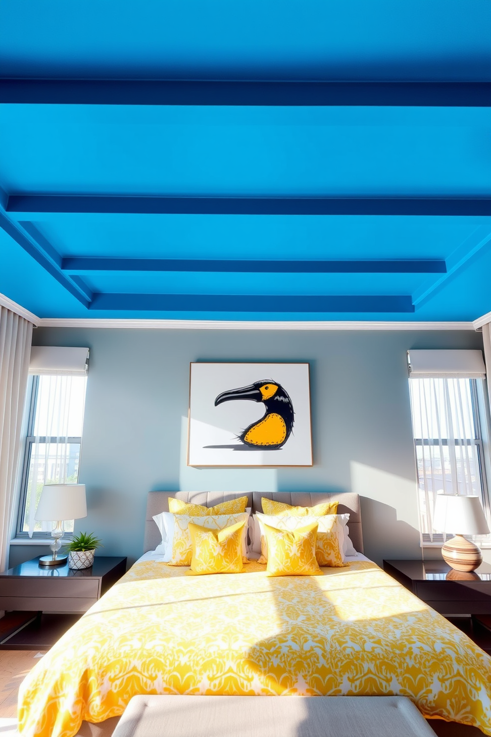 A modern apartment bedroom featuring a bold blue ceiling that creates a striking contrast with the light gray walls. The room is furnished with a plush king-size bed adorned with vibrant yellow and white patterned bedding, complemented by matching throw pillows. A sleek nightstand on either side of the bed holds contemporary lamps with geometric designs. Large windows dressed with sheer curtains allow natural light to flood the space, enhancing the overall warmth and vibrancy of the room.