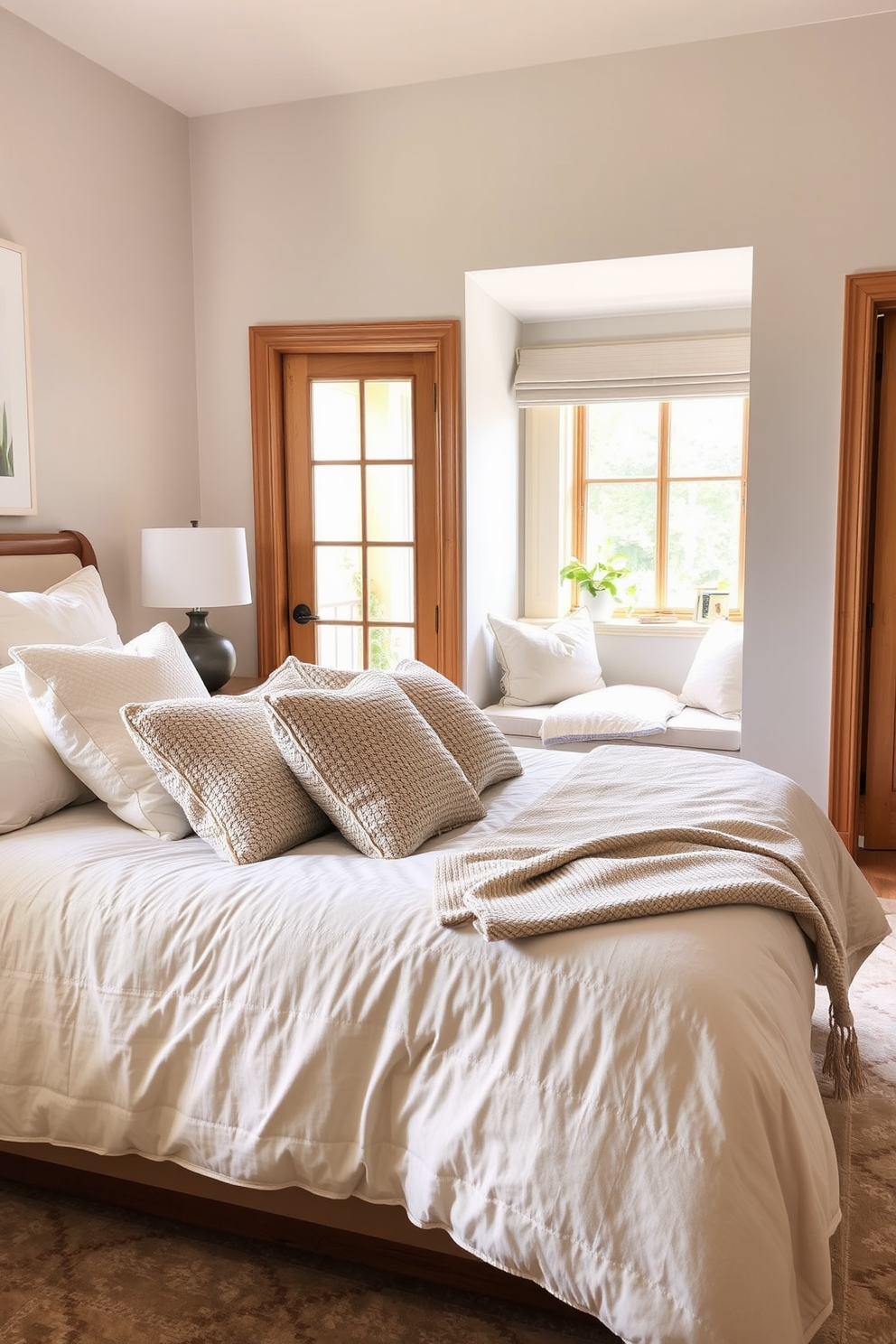 Textured throw pillows in various shades of beige and cream are arranged on a plush bed adorned with a soft, neutral duvet. The bedroom features warm wooden accents and a cozy reading nook by the window, complete with a small bookshelf and a comfortable chair. The walls are painted in a calming light gray, enhancing the serene atmosphere of the space. A stylish area rug with subtle patterns lies beneath the bed, adding an extra layer of comfort and visual interest to the room.