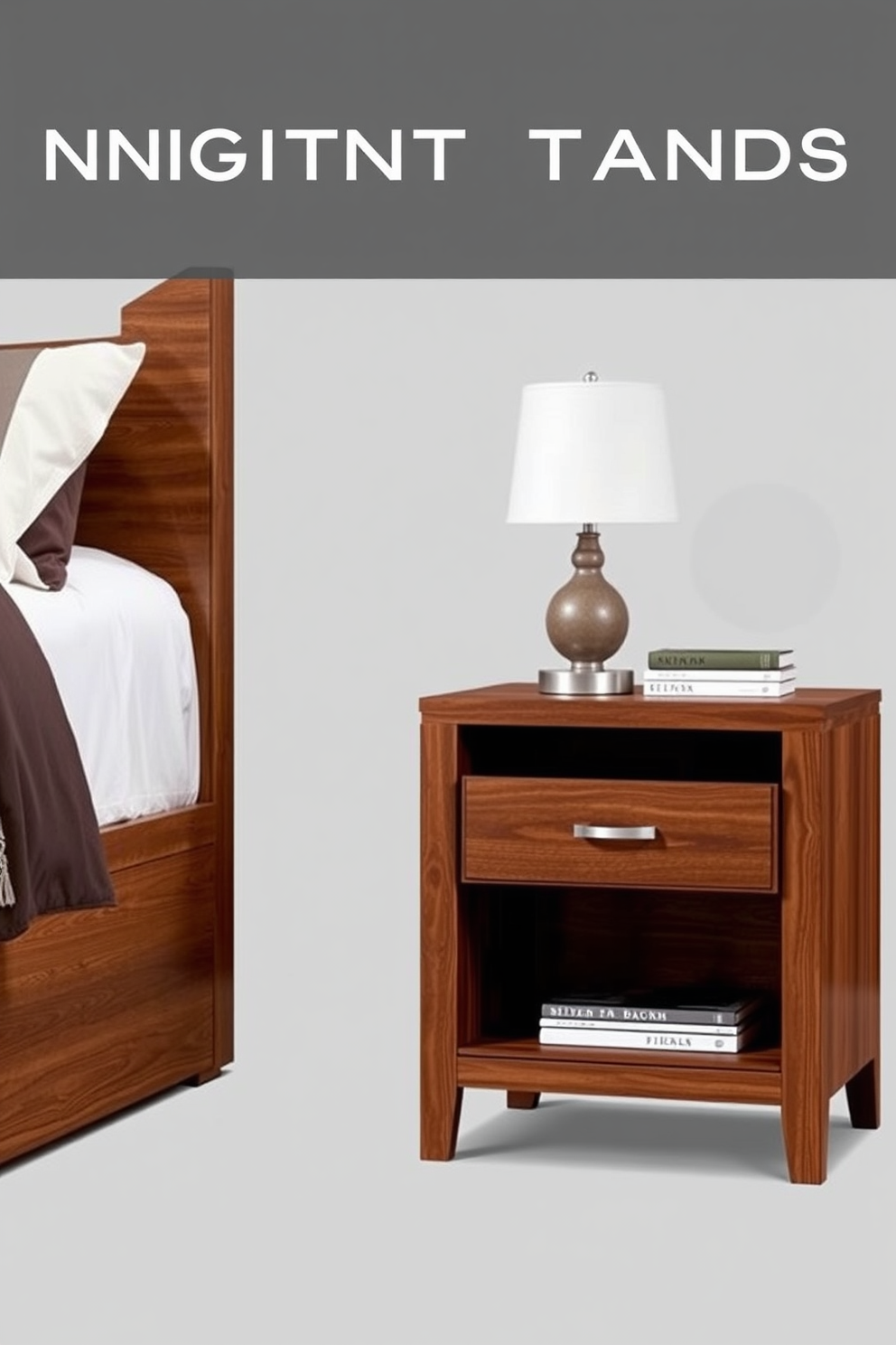 Stylish nightstands designed for functional decor feature a sleek wooden finish with clean lines. Each nightstand includes a small drawer for storage and a decorative lamp on top, creating a cohesive and inviting bedroom atmosphere.