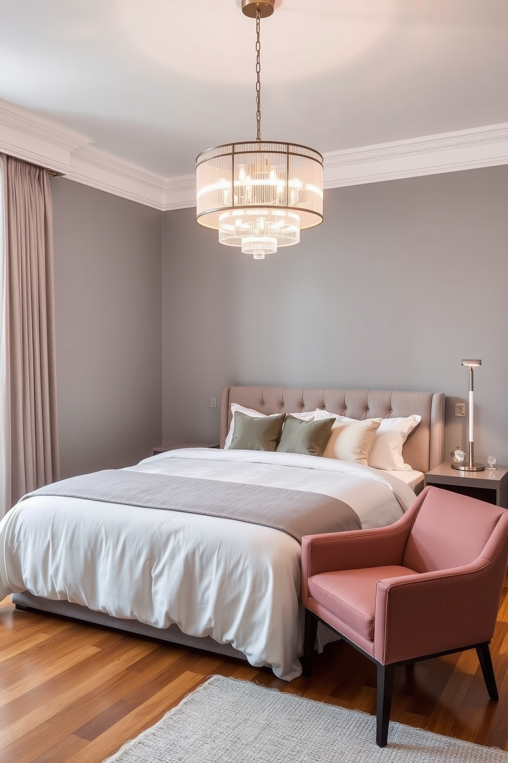 A cozy apartment bedroom featuring a plush velvet headboard in deep navy blue paired with crisp white linens. The space includes a warm wooden bedside table topped with a modern lamp and a soft knitted throw draped over the edge of the bed. A large window dressed with sheer curtains allows natural light to flood the room, highlighting the textured accent wall in a soft gray hue. A woven area rug underfoot adds warmth and contrast to the sleek hardwood floors.