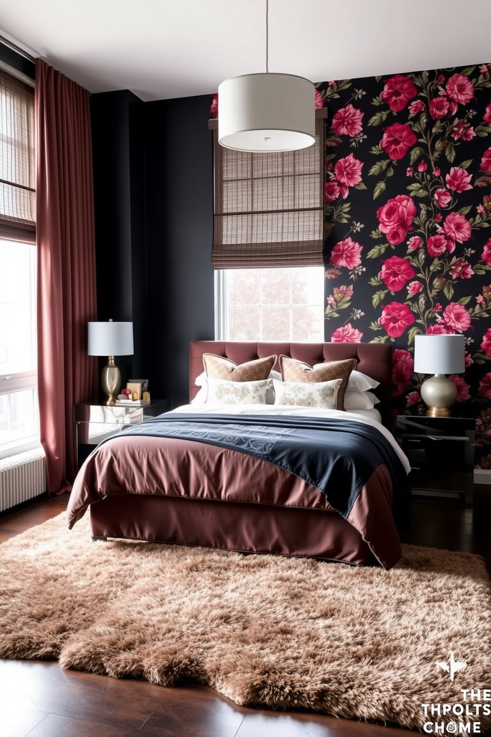 A chic apartment bedroom featuring a bold accent wall adorned with vibrant floral wallpaper. The bed is dressed in luxurious linens with coordinating throw pillows, creating a cozy yet stylish atmosphere. Natural light floods the room through large windows, highlighting a sleek nightstand on either side of the bed. A plush area rug anchors the space, adding warmth and texture to the overall design.