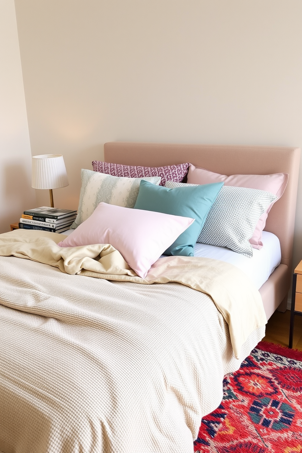 A stylish apartment bedroom featuring a unique headboard design that combines natural wood with upholstered fabric. The headboard is tall and intricately carved, serving as a stunning focal point against a soft pastel wall. The bed is dressed in luxurious linens with coordinating throw pillows in various textures. A cozy reading nook is positioned by the window, complete with a chic armchair and a small side table.