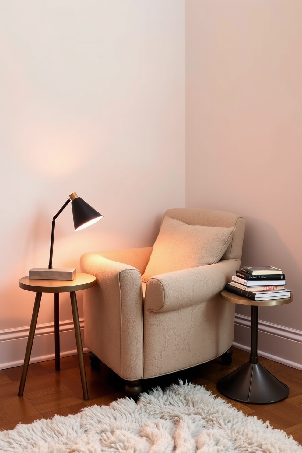 Create a cozy corner with a plush armchair upholstered in soft fabric. A small side table is positioned next to the chair, adorned with a warm lamp and a stack of books. The walls are painted in a calming pastel color, creating a serene atmosphere. A fluffy area rug lies beneath the chair, adding texture and comfort to the space.