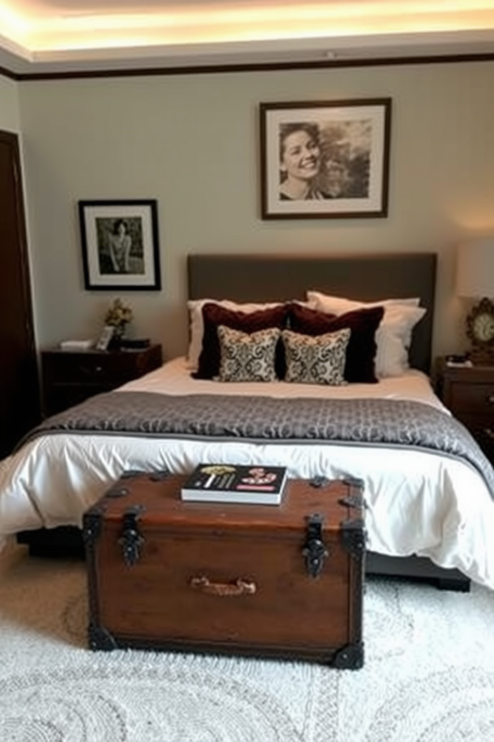 A cozy apartment bedroom featuring a trunk at the foot of the bed for stylish storage. The bed is adorned with plush bedding and decorative pillows, while soft lighting creates a warm ambiance throughout the space.