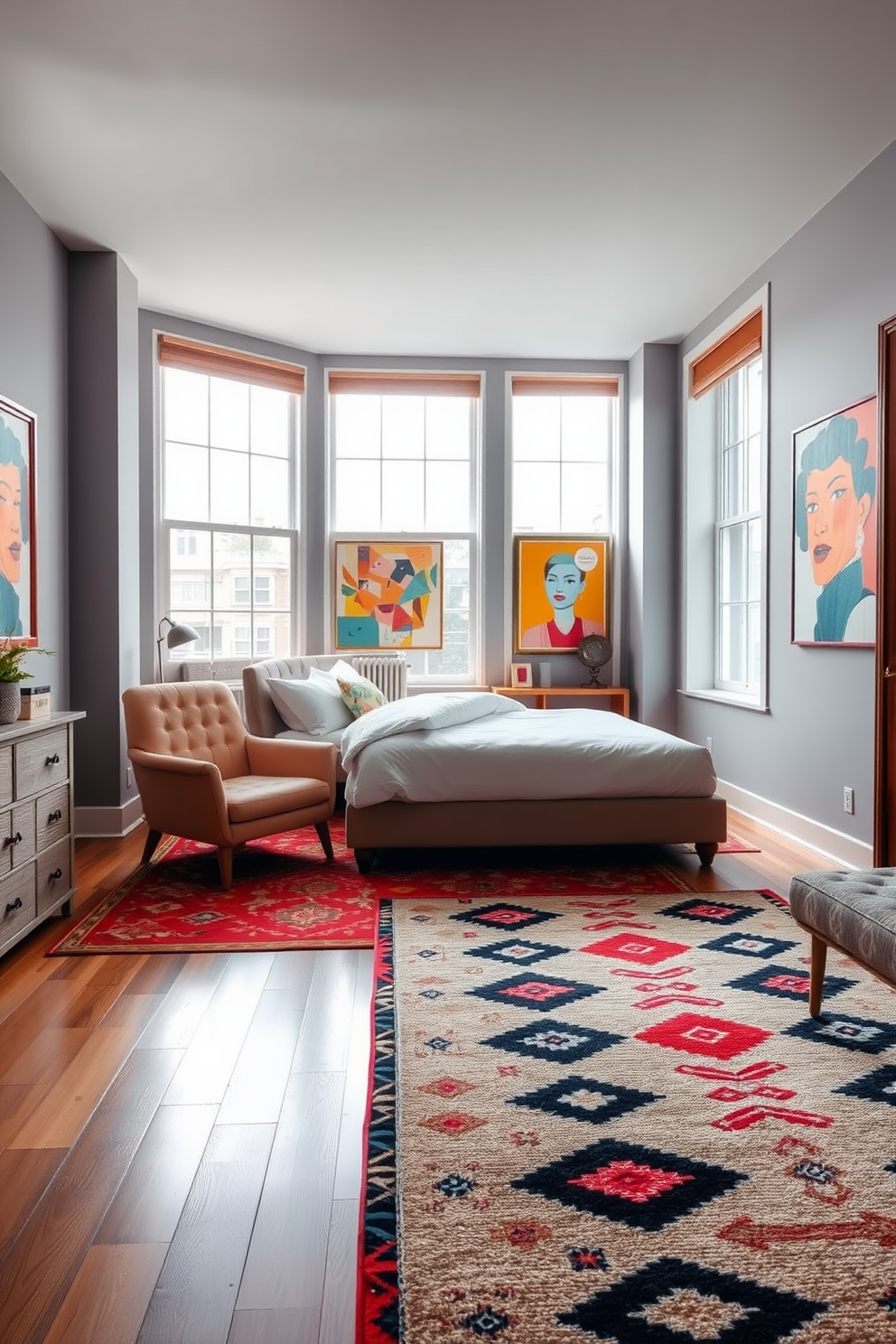 A cozy apartment bedroom featuring a color-coordinated bedding set in soft blues and greys. The bed is flanked by stylish nightstands with modern lamps, and a plush area rug adds warmth to the space. Large windows let in natural light, enhancing the serene atmosphere of the room. A minimalist artwork hangs above the bed, complementing the overall color palette and creating a focal point.