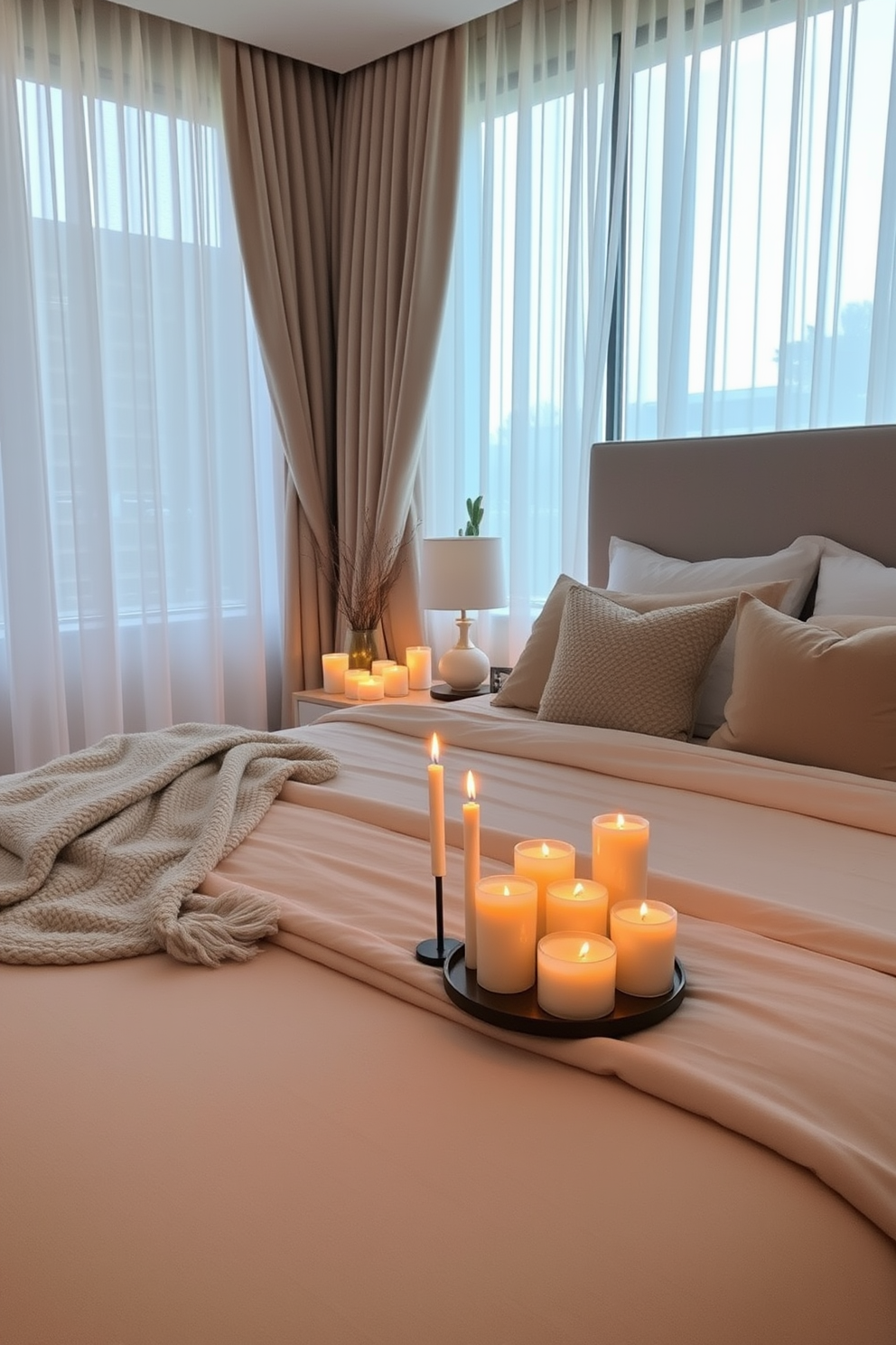 A cozy apartment bedroom featuring a stylish ladder leaning against the wall for displaying an assortment of soft blankets. The bed is adorned with plush pillows and a warm throw, creating an inviting atmosphere in soft, neutral tones.