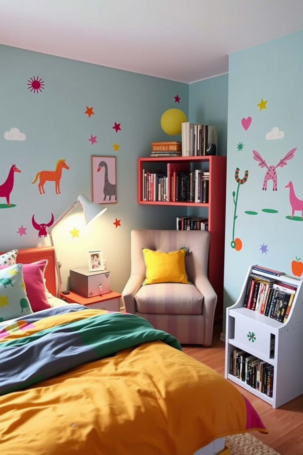 A playful apartment bedroom design featuring vibrant wall decals that add a fun and whimsical touch to the space. The bed is adorned with colorful bedding that complements the lively decor, creating a cheerful and inviting atmosphere. In one corner, a cozy reading nook is set up with a comfortable armchair and a small bookshelf filled with an array of books. Soft lighting from a stylish lamp enhances the playful vibe, making it a perfect spot to unwind and relax.