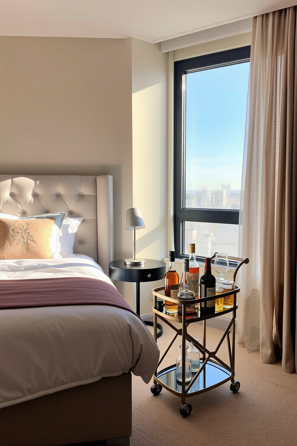 A cozy apartment bedroom featuring a plush soft area rug that adds warmth to the space. The bed is adorned with layered bedding in soft neutral tones, complemented by decorative throw pillows. A stylish bedside table holds a modern lamp and a few curated books. Large windows allow natural light to flood the room, enhancing the inviting atmosphere.