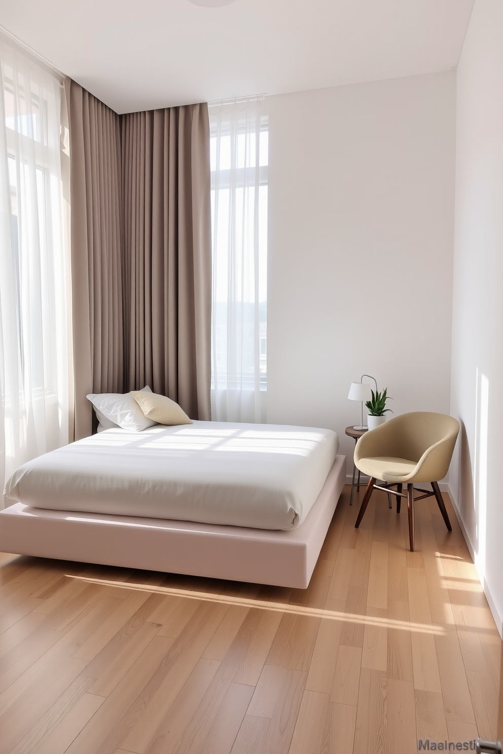 A serene apartment bedroom designed with a minimalist approach. The room features a low-profile platform bed with crisp white linens and a single accent pillow in a soft pastel color. Natural light floods the space through sheer curtains, illuminating the light wood flooring. A small bedside table holds a simple lamp and a potted succulent, while a cozy reading nook is created with a single armchair in the corner.